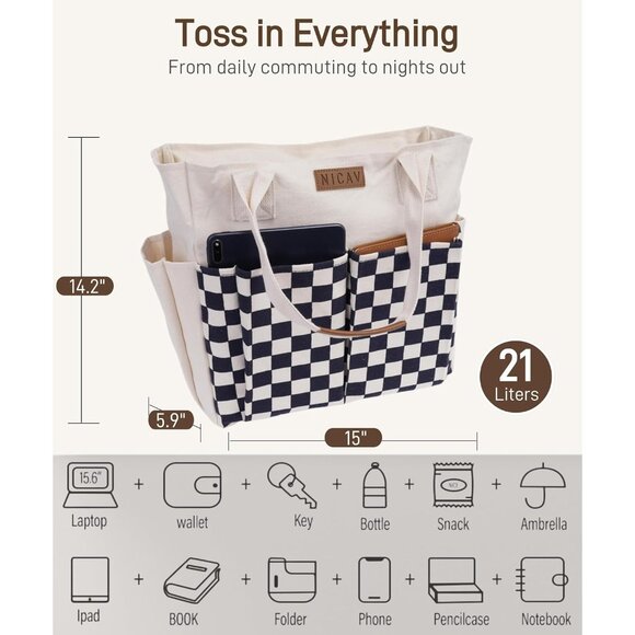 Women's White 1 Tote Bags Large Utility Bags with Pockets Zip for Teacher Work - Picture 4 of 6